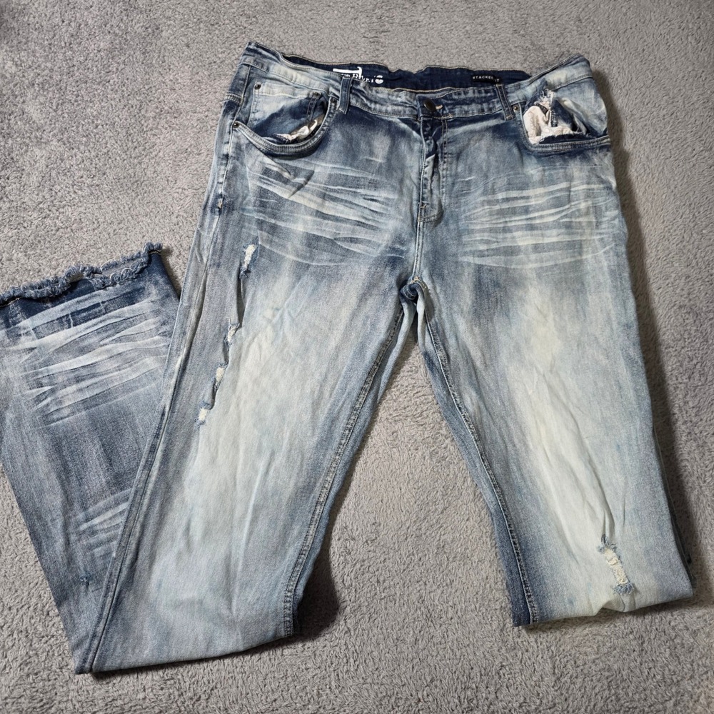 Copper Rivet Mens 42x39 Stacked Fit Jeans Light Wash Distressed Frayed Hem